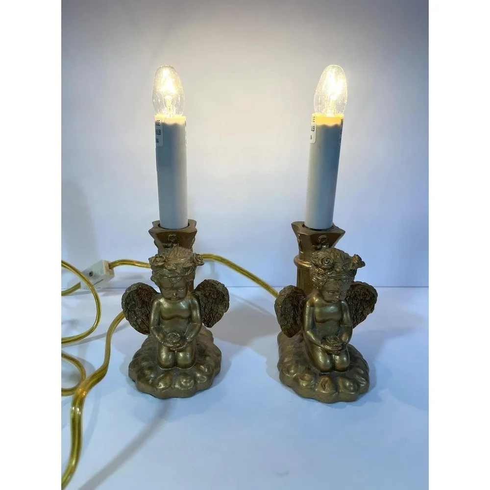 2 Vintage Angel Cherub Electric Candle Lamps Gold Tone‎ Working